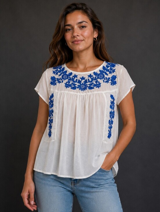 a. peach Tops - Blue and white Embroidered BOHO flowy bohemian top cap sleeve